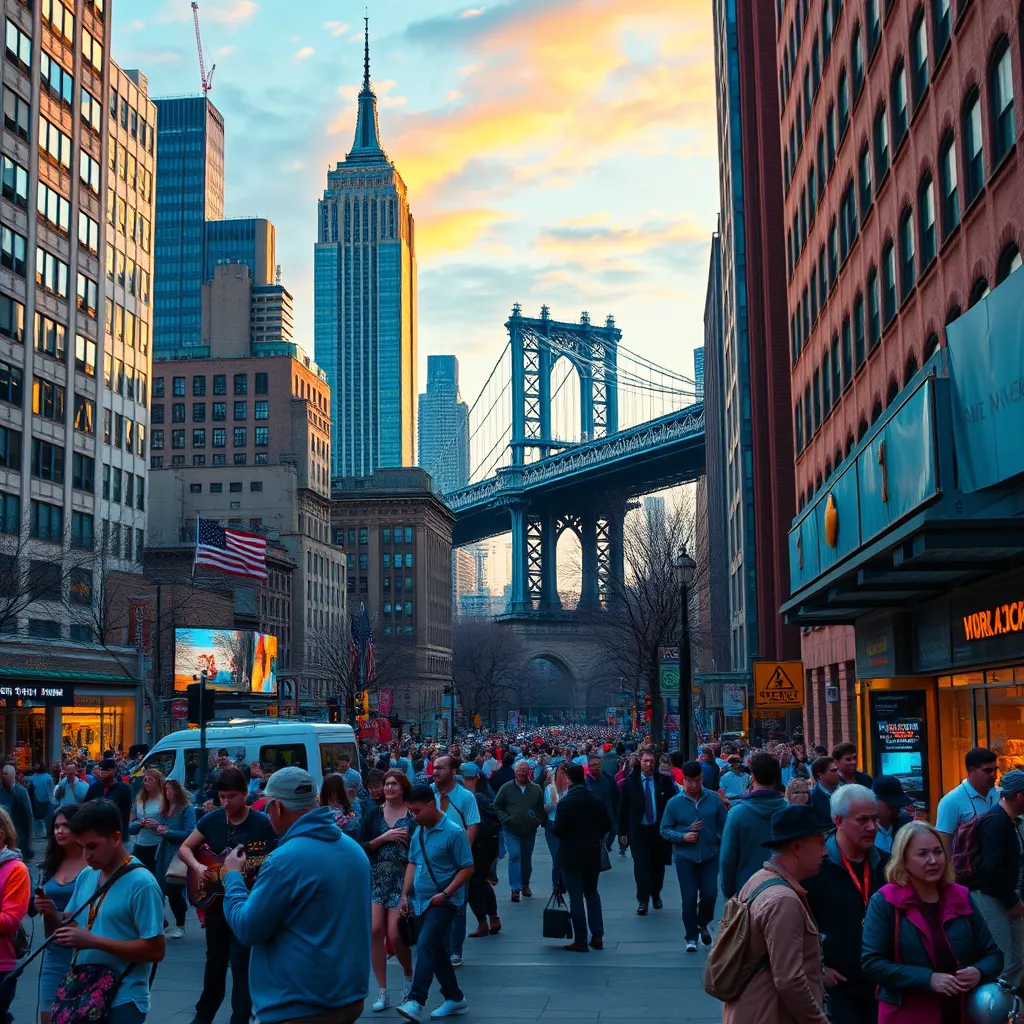 A bustling New York street scene with famous landmarks like the Empire State Building, Central Park, and Brooklyn Bridge. The scene includes musicians playing on the street, with a diverse crowd enjoying the atmosphere, vibrant colors, and a skyline at sunset.