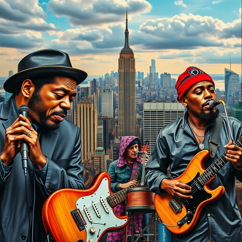 A collage depicting famous musicians from different genres such as jazz, hip-hop, and punk, set against a backdrop of New York's skyline, with vibrant colors and musical instruments, illustrating the diverse musical genres that originated from the city.