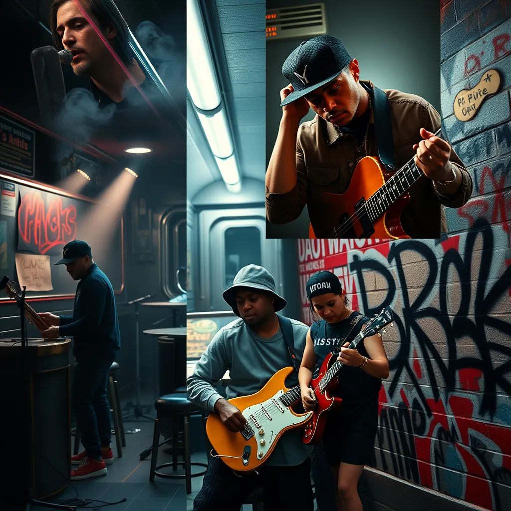 A collage of musicians from different genres performing in dynamic New York settings, including a jazz band in a smoky club, a hip-hop artist in a subway, and a punk rock group in front of graffiti-covered walls, showcasing the city’s musical diversity.