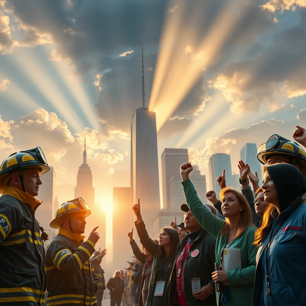 A powerful montage of iconic New York scenes, including firefighters, healthcare workers, and everyday citizens expressing strength and solidarity. The backdrop shows a skyline with hopeful rays of light breaking through clouds, symbolizing perseverance.