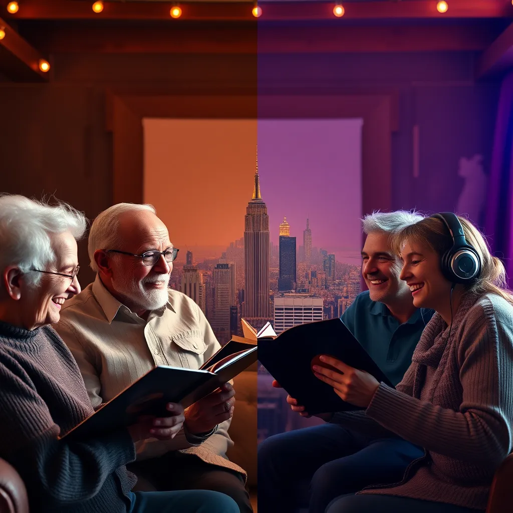 A split image showing two groups of people: one group of older adults reminiscing with vintage records and a younger group with headphones, both smiling at a central image of a New York skyline. The setting is warm and inviting, with musical notes in the air.