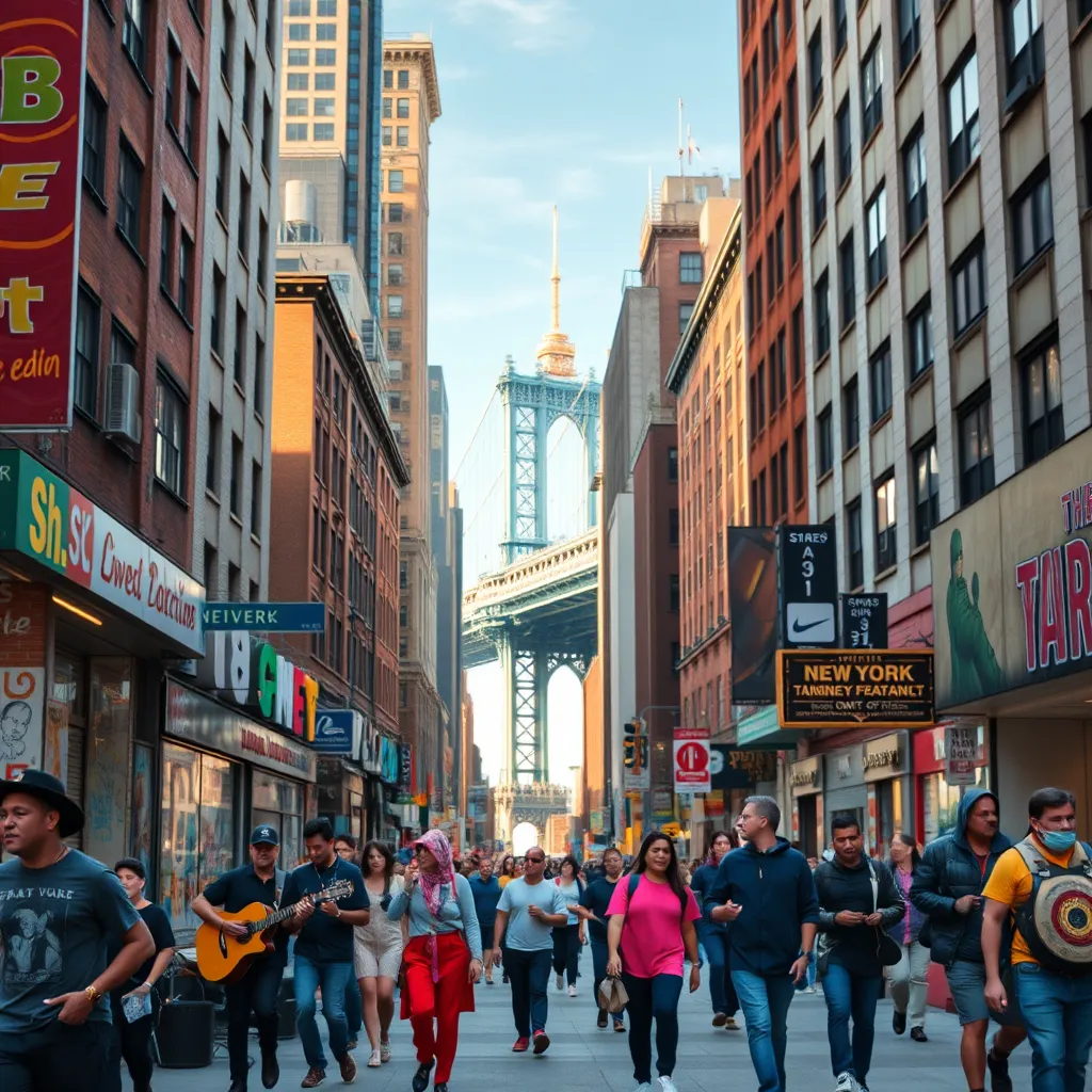 A vibrant and bustling New York City street scene, showcasing diverse people walking, musicians playing on the sidewalk, and colorful street art. Iconic landmarks like the Empire State Building and Brooklyn Bridge in the background, capturing the lively atmosphere of the city.