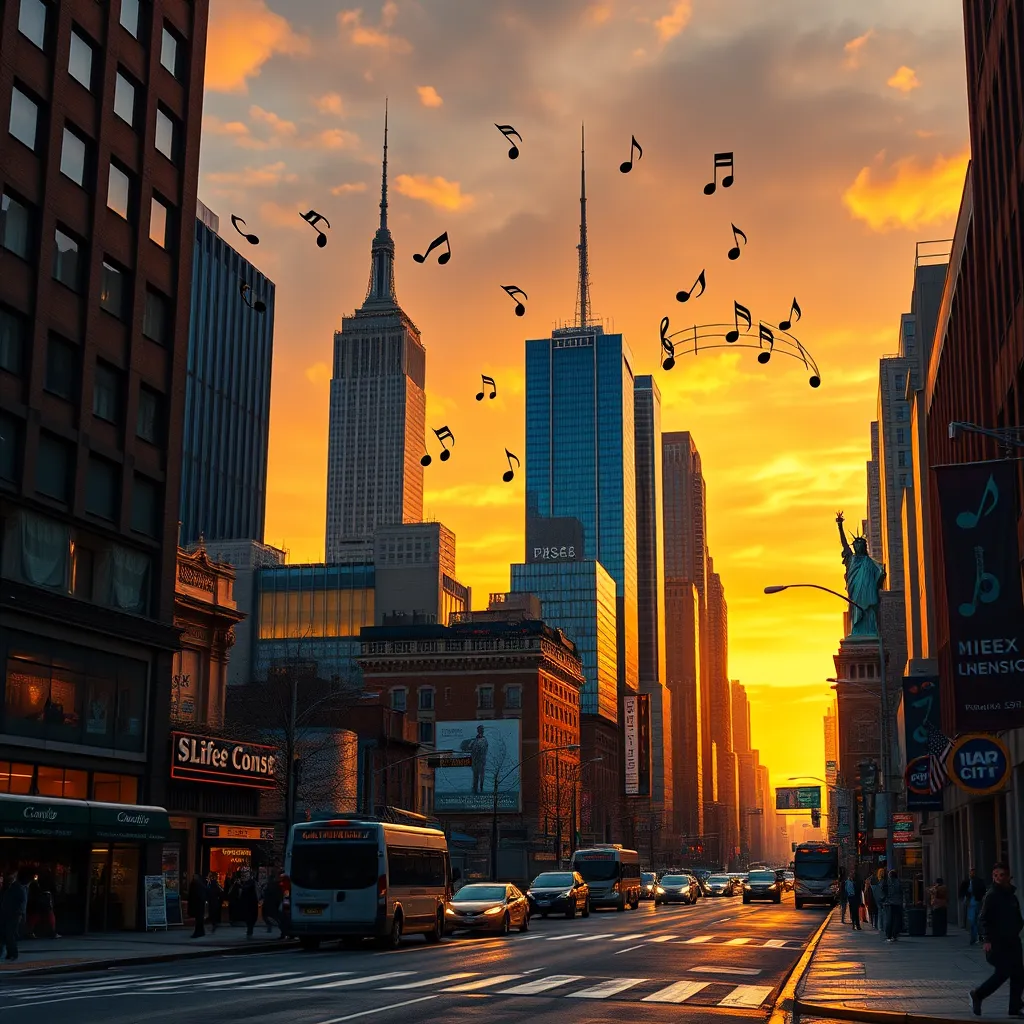 A vibrant street scene in New York City at sunset, showcasing iconic landmarks like the Empire State Building and the Statue of Liberty, with musical notes swirling through the air, capturing the essence of the city's rich musical heritage and cultural diversity.