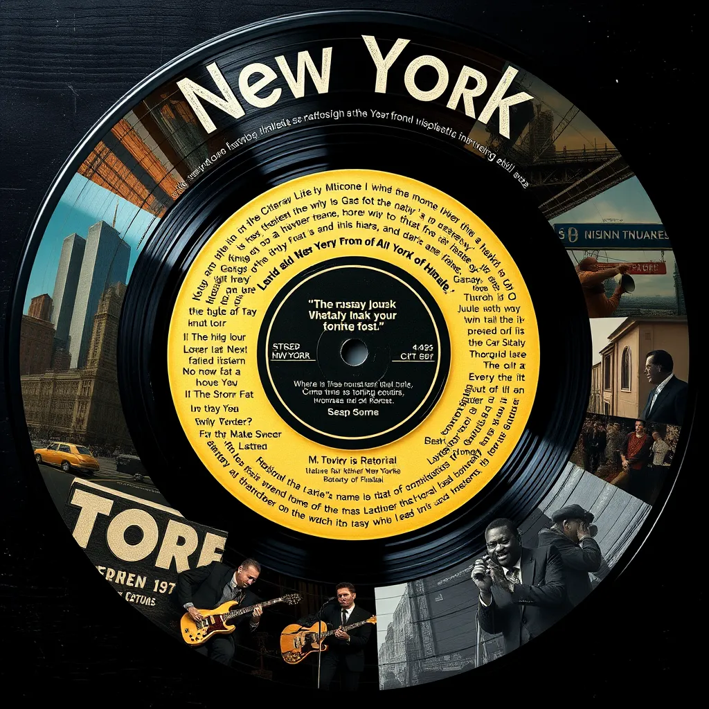 An artistic representation of a vintage vinyl record with song lyrics transcribed around it, surrounded by images of historical New York events. Include iconic symbols like the Twin Towers, subway signage, and jazz performers to illustrate the city's history.
