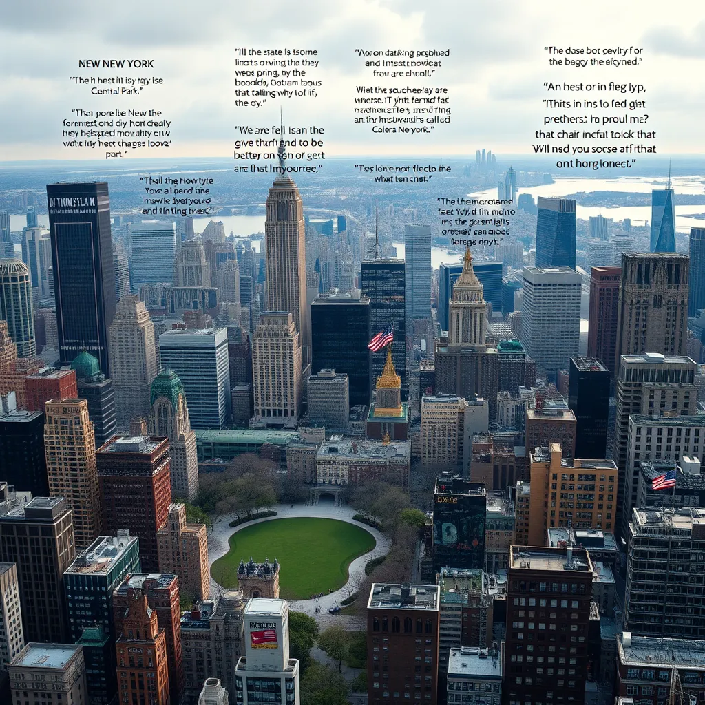 An artistic representation of New York's neighborhoods, with key landmarks like Central Park and Brooklyn Bridge interspersed with lyrical quotes from famous songs about the city, surrounded by images of artists inspired by these elements, encapsulating the lyrical influence of New York.