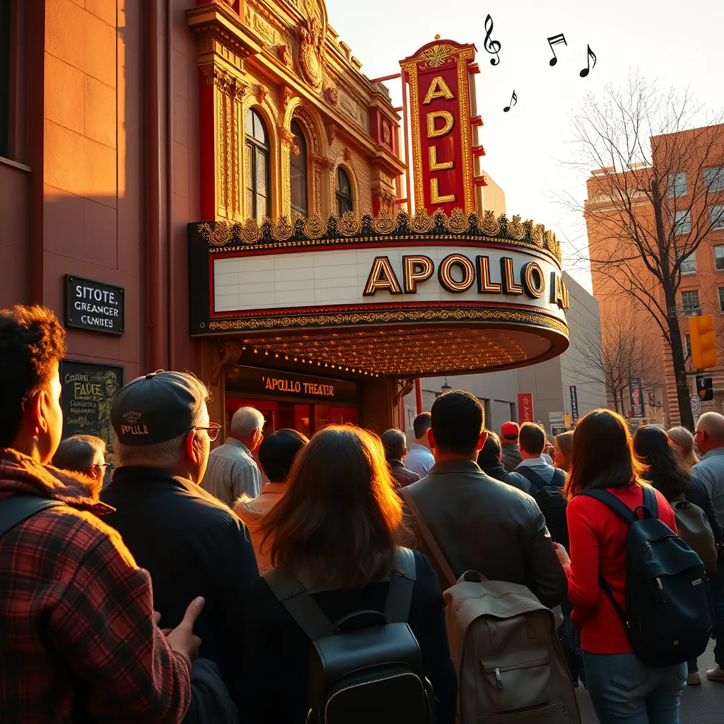Visualize an exciting outdoor scene of a guided tour in front of the iconic Apollo Theater in Harlem. Enthusiastic tourists of diverse backgrounds are listening intently to a knowledgeable guide, showcasing an ambiance of excitement. The setting is during golden hour, with warm, dramatic side lighting casting long shadows, enhancing the building's bold colors, particularly the red and gold of the theater. The composition should capture the audience's expressions and the grandeur of the theater, with an emphasis on the rich architectural details. Incorporate musical notes floating in the air to signify the connection to music. Use an angle slightly below eye level to accentuate the theater's facade towering over the group. Include an array of street musicians playing nearby, adding a lively atmosphere. The image should be hyperrealistic, with ultra-detailed textures and 8K resolution capturing the vibrancy of the experience.